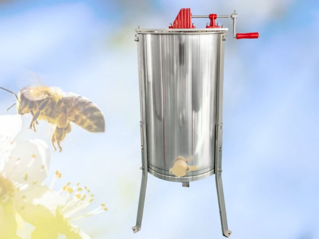 eekeeper using a 2-Frame Manual Honey Extractor at The Boutique Apiary case study, demonstrating efficient honey extraction for small-scale beekeeping