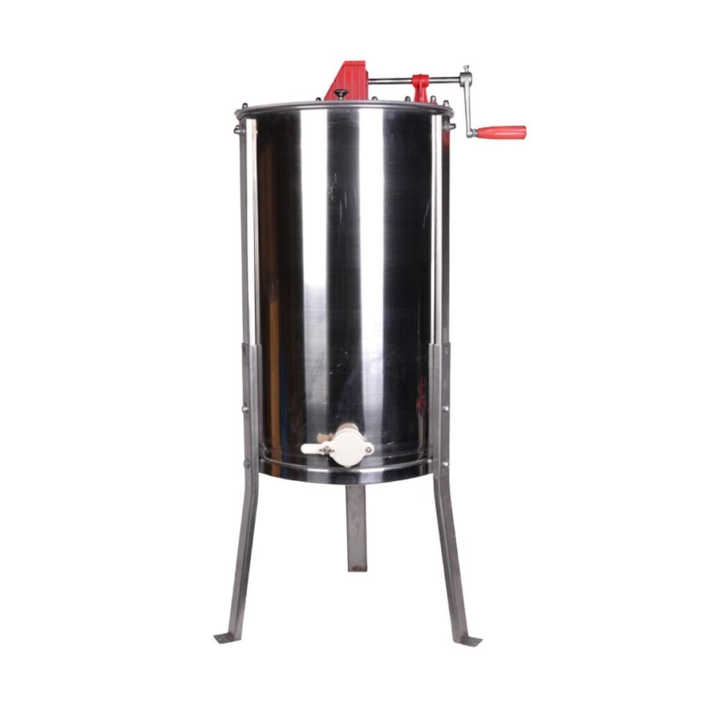 Front view of 2-Frame Manual Honey Extractor by BuzzBeeEquip – stainless steel beekeeping equipment