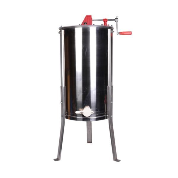 Front view of 2-Frame Manual Honey Extractor by BuzzBeeEquip – stainless steel beekeeping equipment