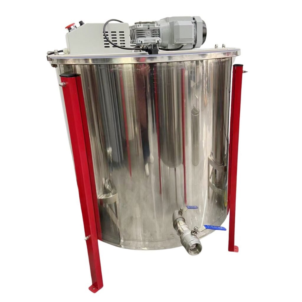 24-frame electric honey extractor, 304 stainless body with black lid, gear motor and controller, blue valve, red legs