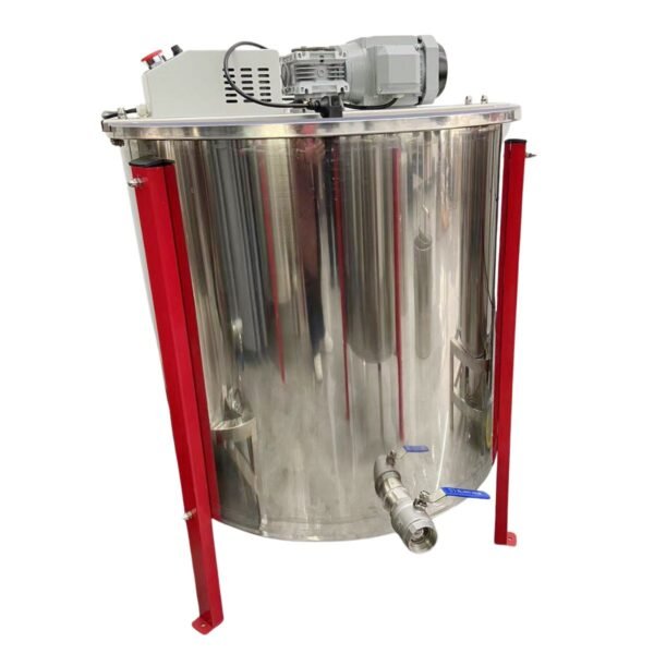 24-frame electric honey extractor, 304 stainless body with black lid, gear motor and controller, blue valve, red legs
