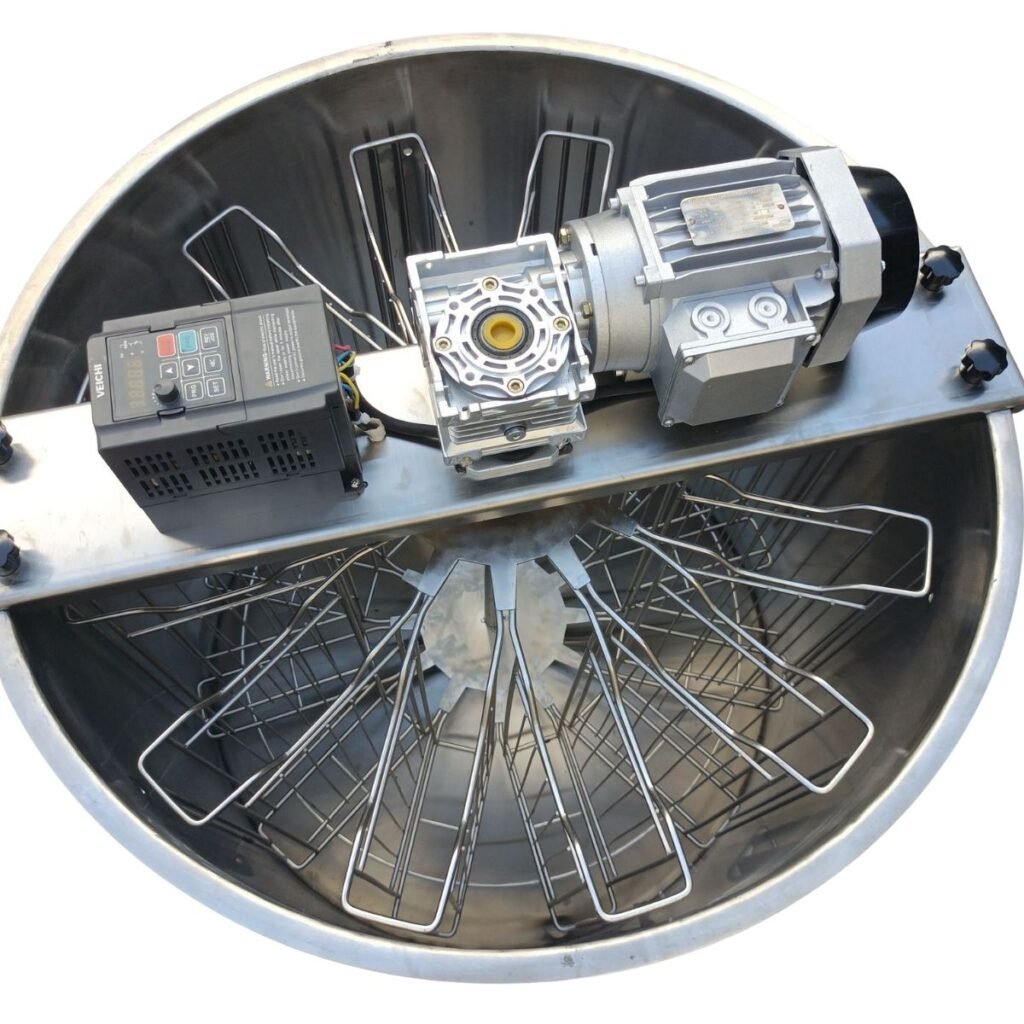 12-frame electric honey extractor with 304 stainless radial basket, gear motor and VFD controller, top view