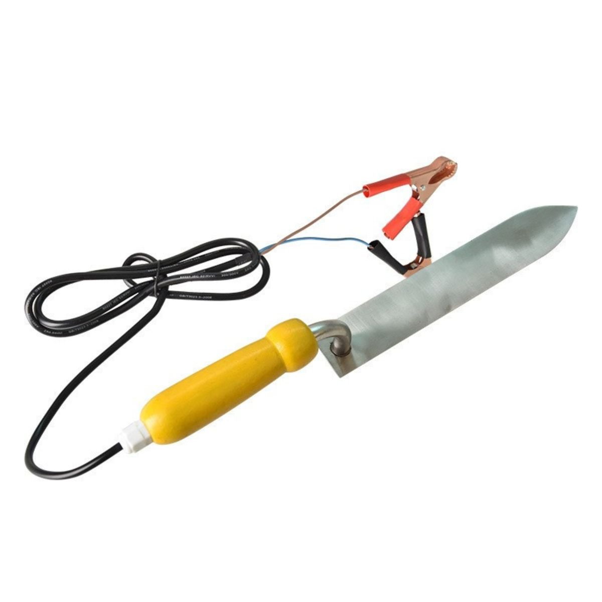 Side view of 12V electric uncapping knife showing stainless blade, insulated yellow handle, and copper alligator clips for mobile apiary use — BuzzBeeEquip.