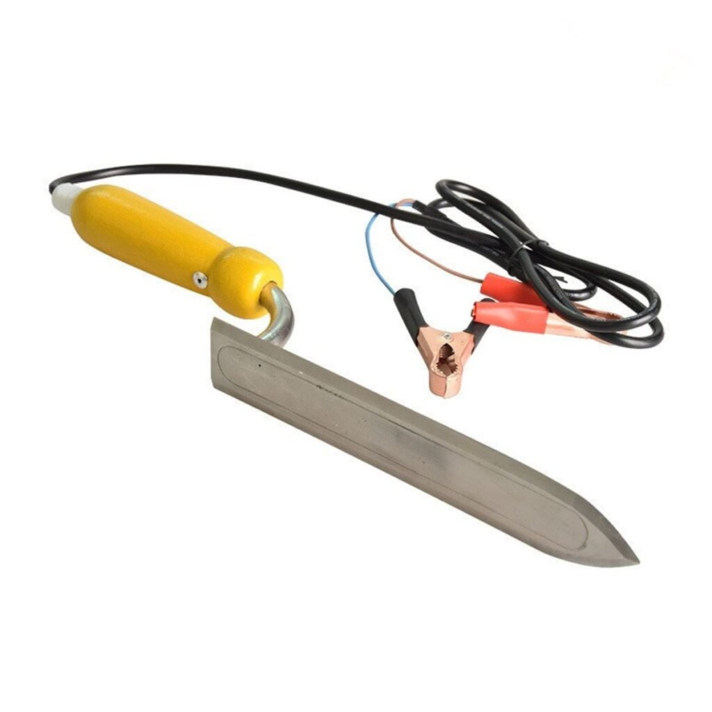 12V ultra-thin electric uncapping knife with stainless blade, yellow handle and battery clip leads for field honey frame uncapping — BuzzBeeEquip.