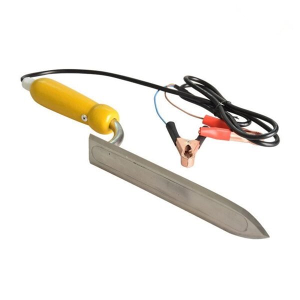 12V ultra-thin electric uncapping knife with stainless blade, yellow handle and battery clip leads for field honey frame uncapping — BuzzBeeEquip.