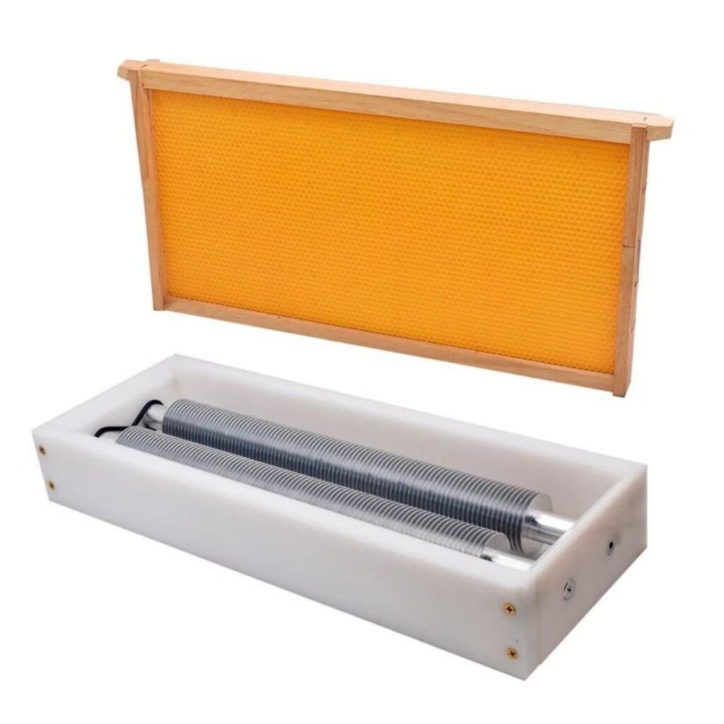 Bench setup of BuzzBeeEquip BBE-RU-01 roller uncapper with frame ready to slit wax cappings, no electricity