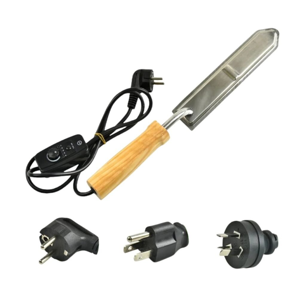Electric uncapping knife with adjustable thermostat, stainless blade, and AU/US/EU/UK plug adapters for clean frame uncapping — BuzzBeeEquip.