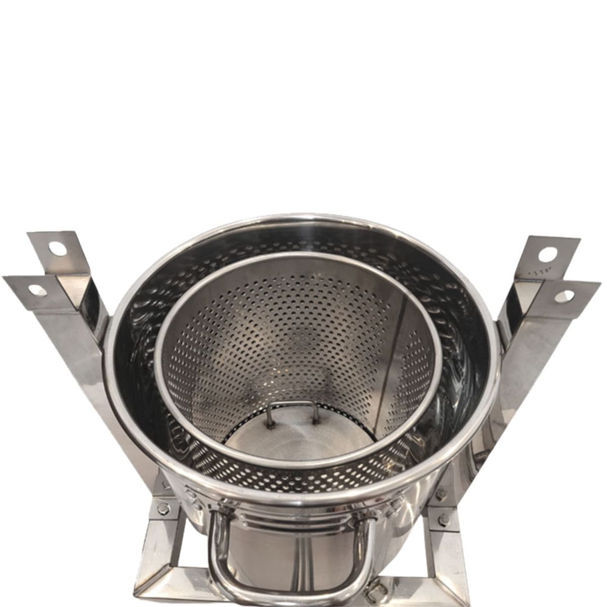 Top-down view showing perforated 304 stainless basket nested in sealed outer barrel for splash-free pressing — BuzzBeeEquip.