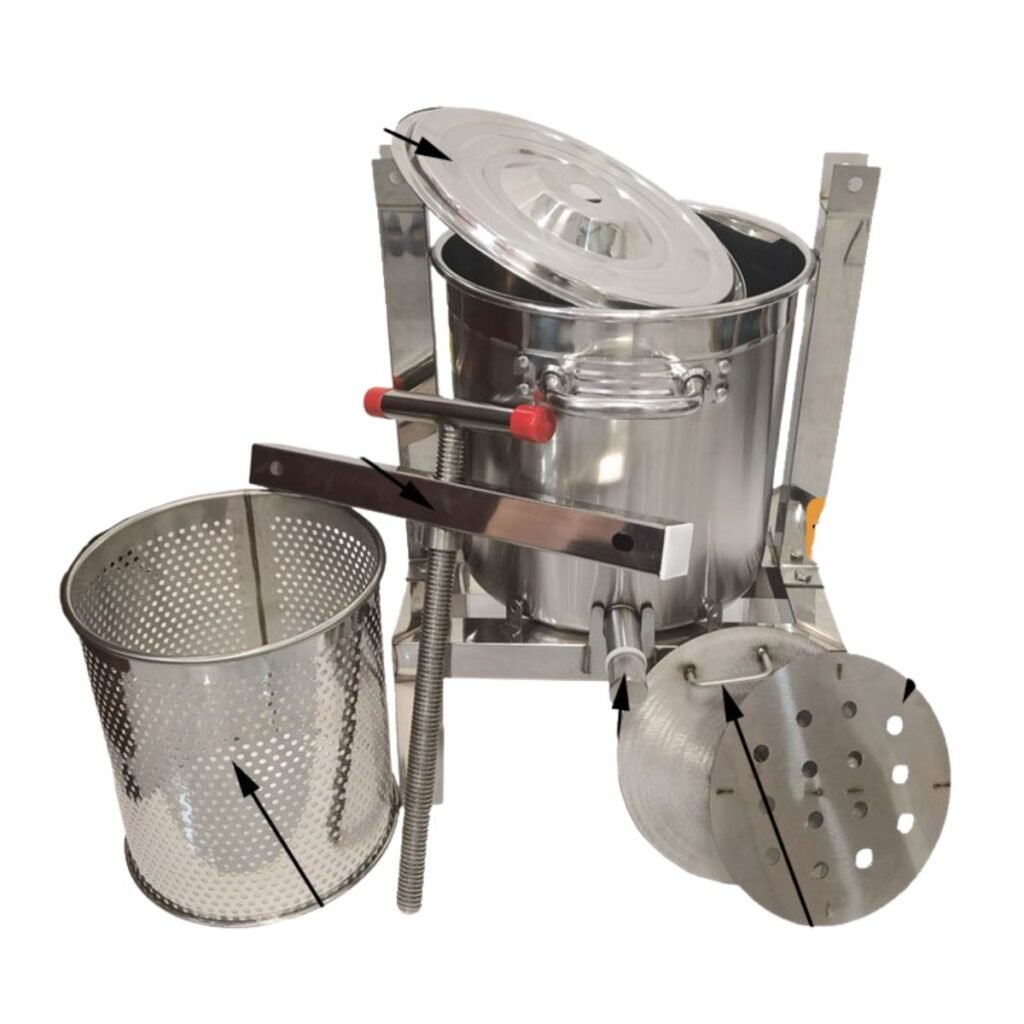 Exploded components of manual 304 stainless steel honey and wax press showing sealed barrel, perforated basket, press plate and screw handle — BuzzBeeEquip.