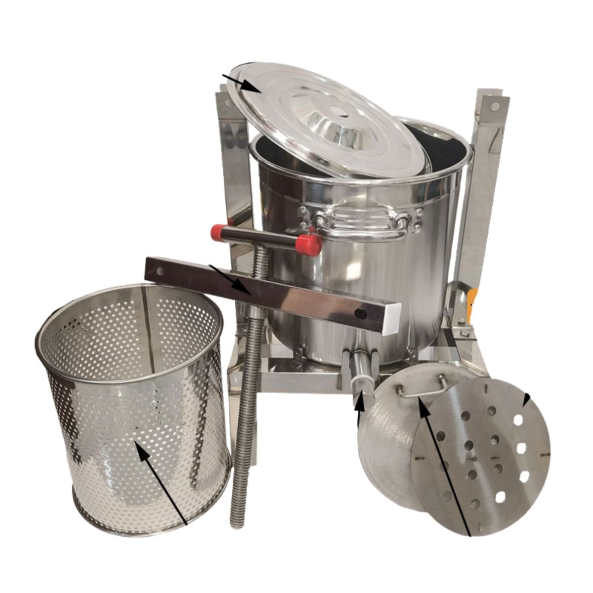 Exploded components of manual 304 stainless steel honey and wax press showing sealed barrel, perforated basket, press plate and screw handle — BuzzBeeEquip.