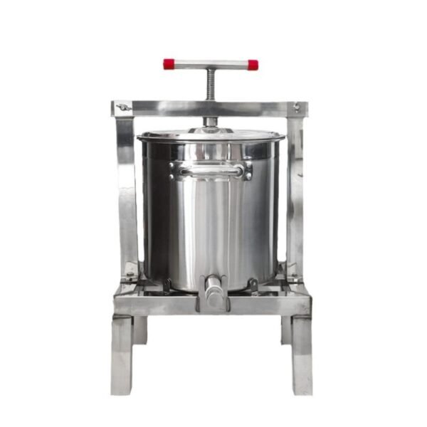 Front view of fully assembled manual 304 stainless steel honey and wax press on rigid stand with T-handle and lid — BuzzBeeEquip.