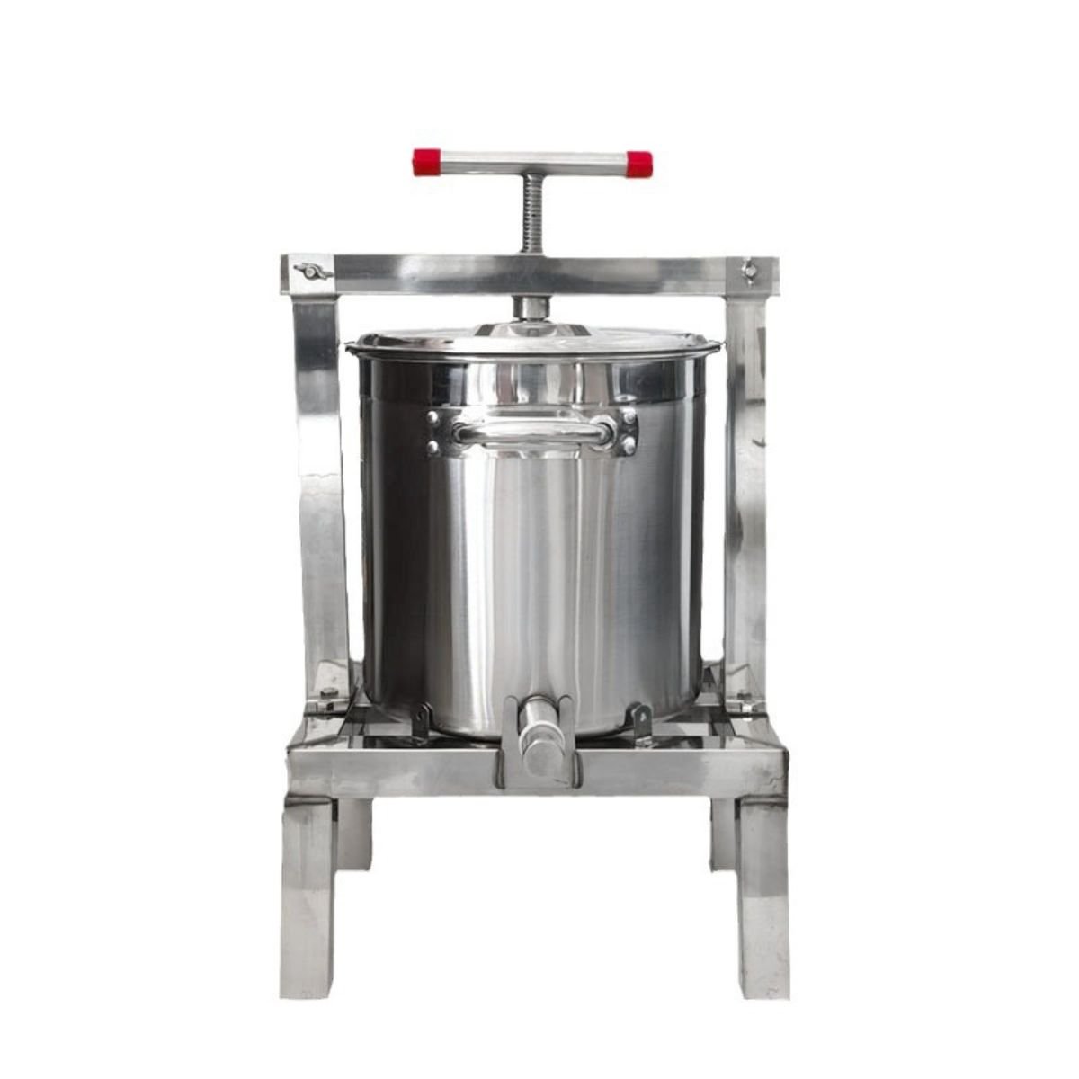 Front view of fully assembled manual 304 stainless steel honey and wax press on rigid stand with T-handle and lid — BuzzBeeEquip.