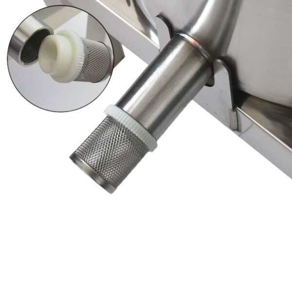 Close-up of 304 stainless honey outlet with knurled removable filter and food-contact sealing cap for clean pours — BuzzBeeEquip.