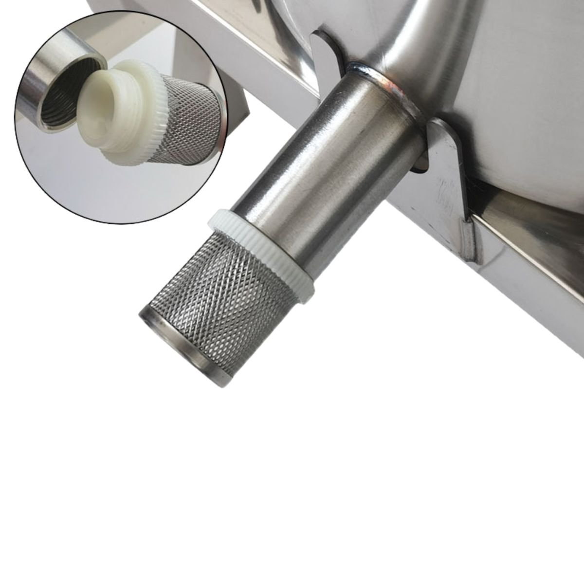 Close-up of 304 stainless honey outlet with knurled removable filter and food-contact sealing cap for clean pours — BuzzBeeEquip.