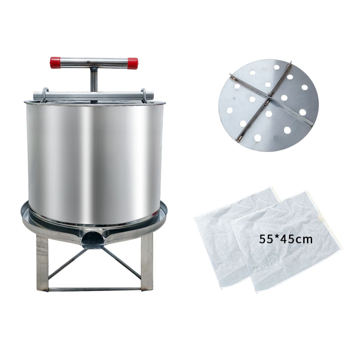 Honey press accessories: stainless drain plate and two 55×45 cm filter bags