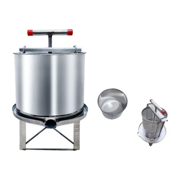 Splash-guard manual honey press kit with stainless press, perforated basket, and collection pan
