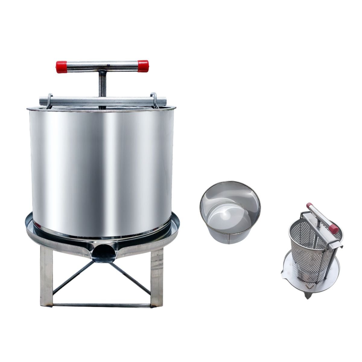 Splash-guard manual honey press kit with stainless press, perforated basket, and collection pan
