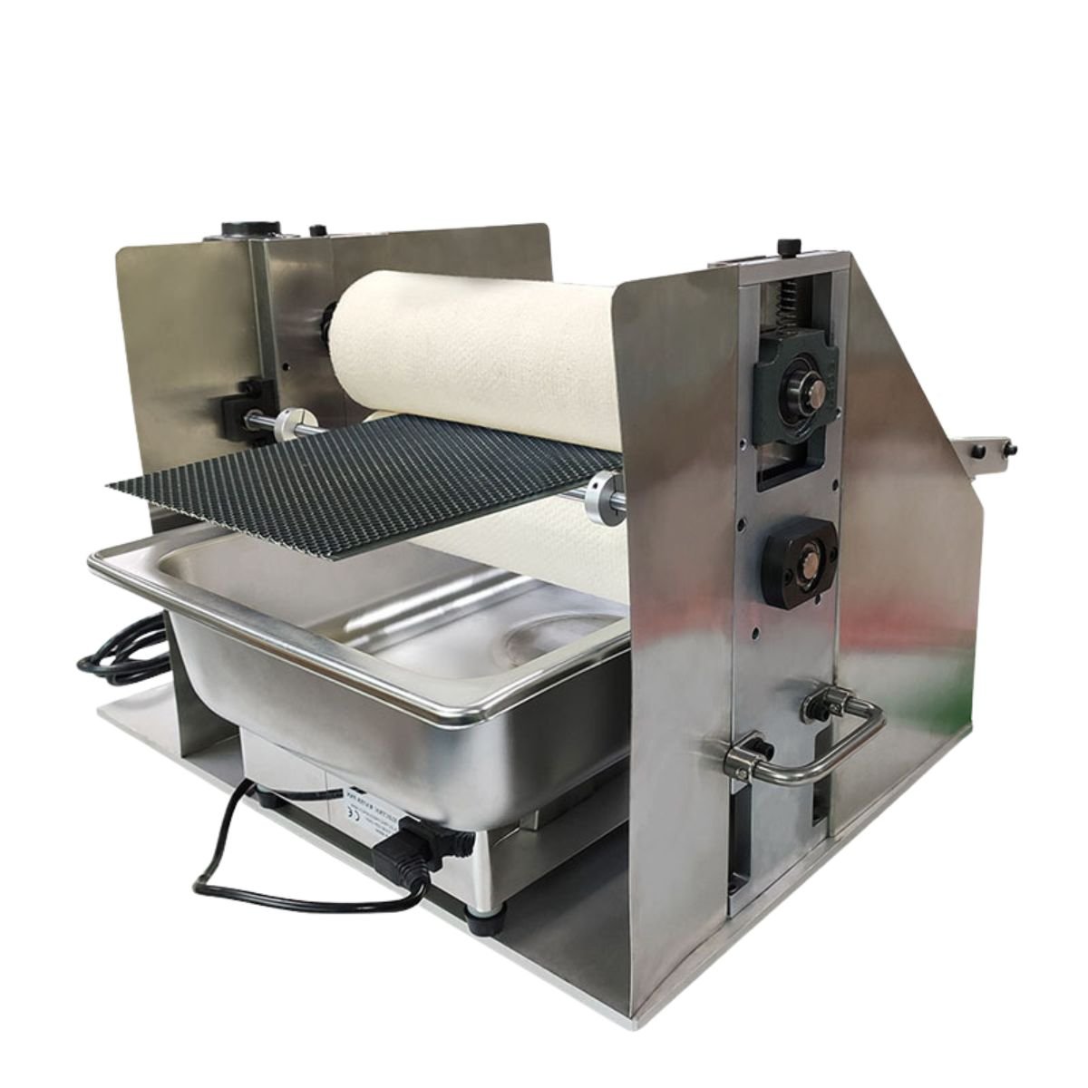 Automatic foundation waxing machine BBE-CFWA-03, side view of variable speed wax roller and gear adjusters for precise wax thickness.