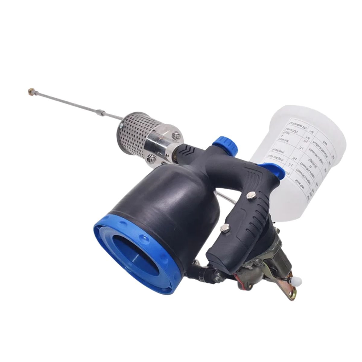 Close-up of oxalic acid vaporizer heating chamber and ergonomic handle on beekeeping fogger.