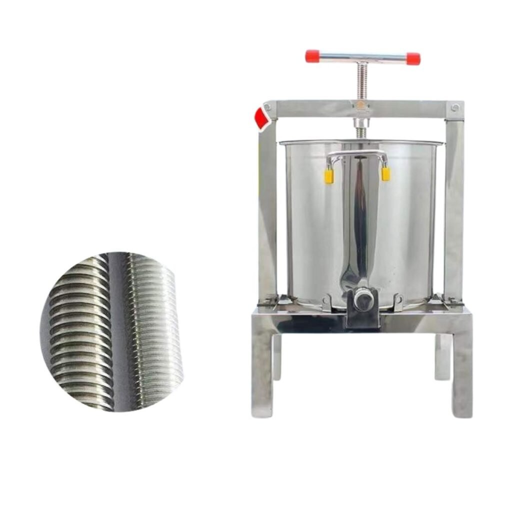 Heavy-duty 304 stainless honey press showing threaded screw and drain valve for fast, sanitary honey outflow.