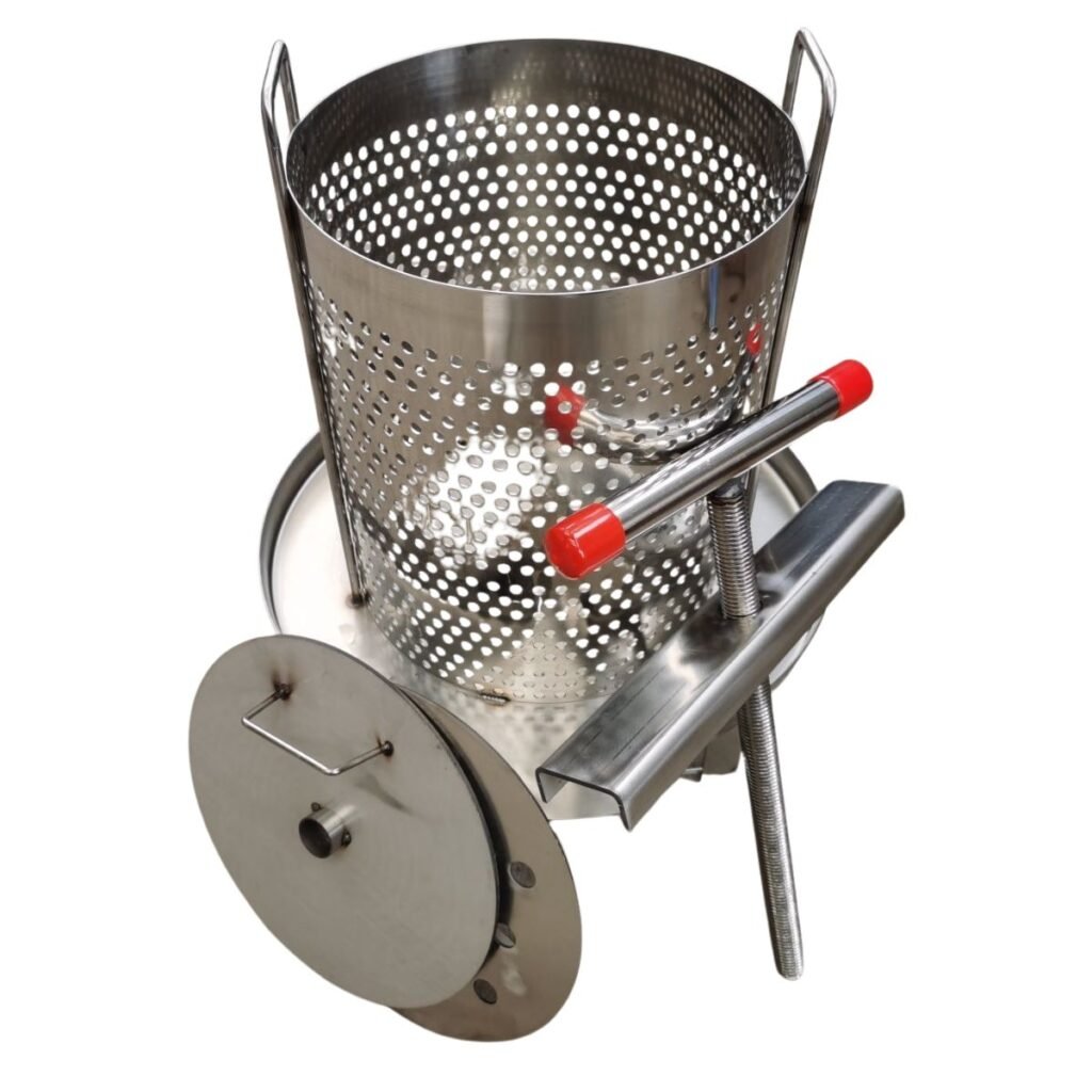 304 stainless manual honey press with perforated basket, T-handle screw, and lid—crush-and-strain extraction for honey and wax.