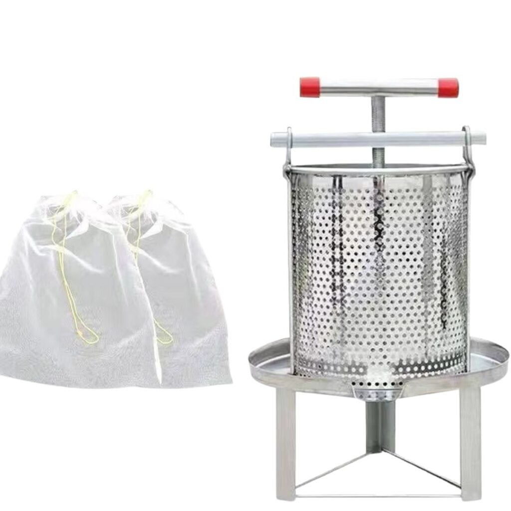 Manual 304 stainless honey press with perforated basket and filter bags, ideal for cappings and cut-comb filtration.
