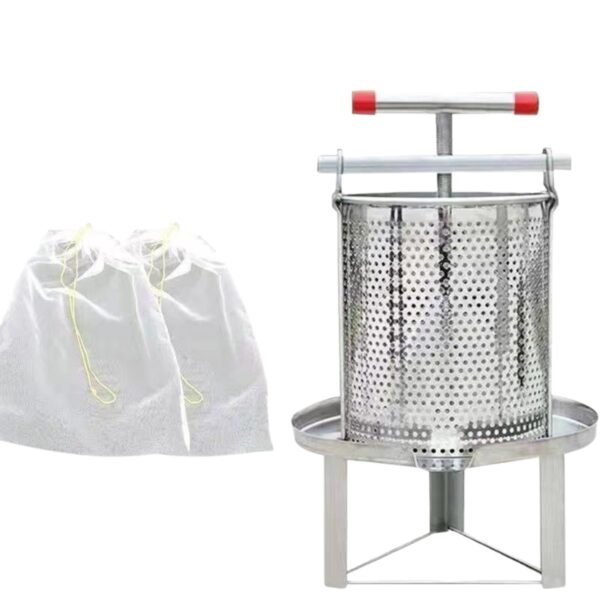 Manual 304 stainless honey press with perforated basket and filter bags, ideal for cappings and cut-comb filtration.