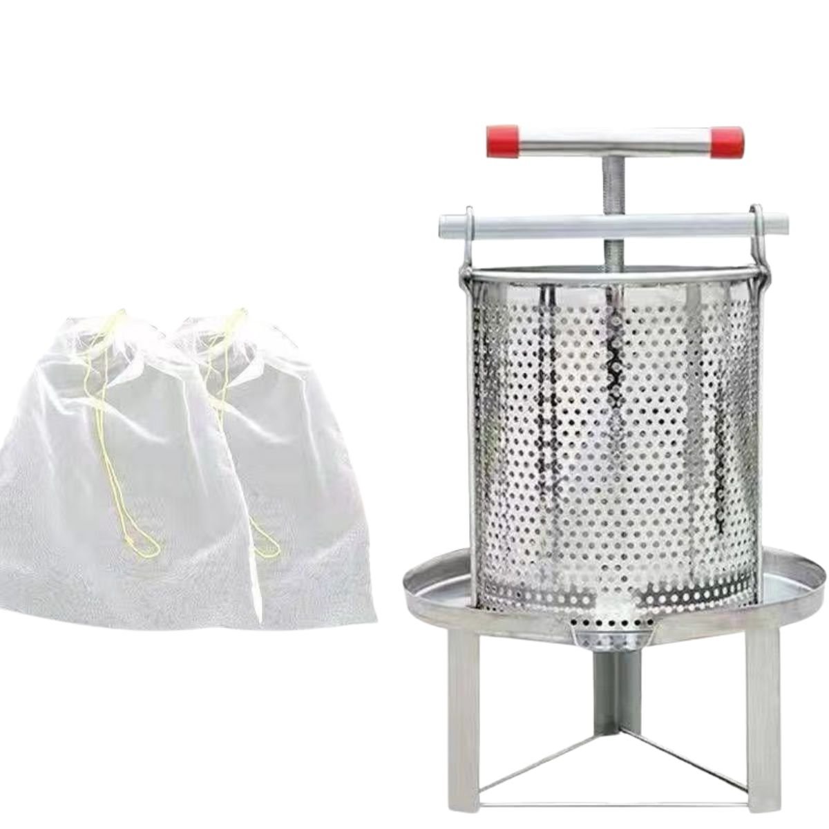 Manual 304 stainless honey press with perforated basket and filter bags, ideal for cappings and cut-comb filtration.