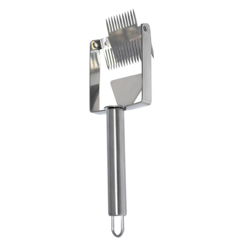 304 stainless uncapping fork showing adjustable tilt-head and precision tines; ergonomic tubular handle for secure grip in wet gloves