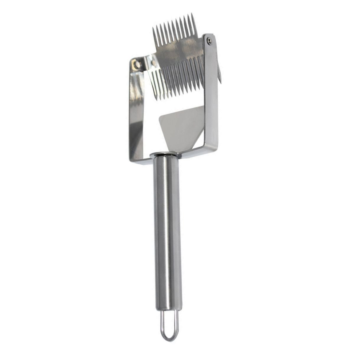 304 stainless uncapping fork showing adjustable tilt-head and precision tines; ergonomic tubular handle for secure grip in wet gloves