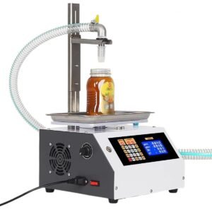Automatic honey filling machine with load-cell tray and LCD control panel dispensing into a glass jar; ±0.2 g accuracy by BuzzBeeEquip