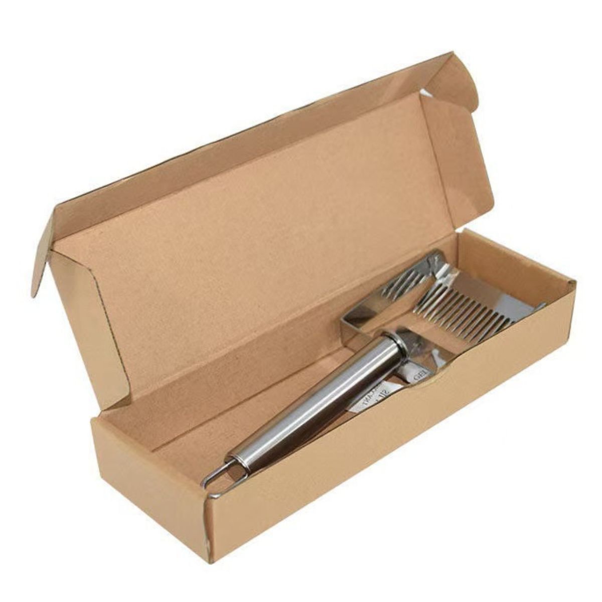 BBE-UF-01 stainless steel uncapping fork in paper box, adjustable tilt head with precision tines, 24×7.5 cm, export-ready packing