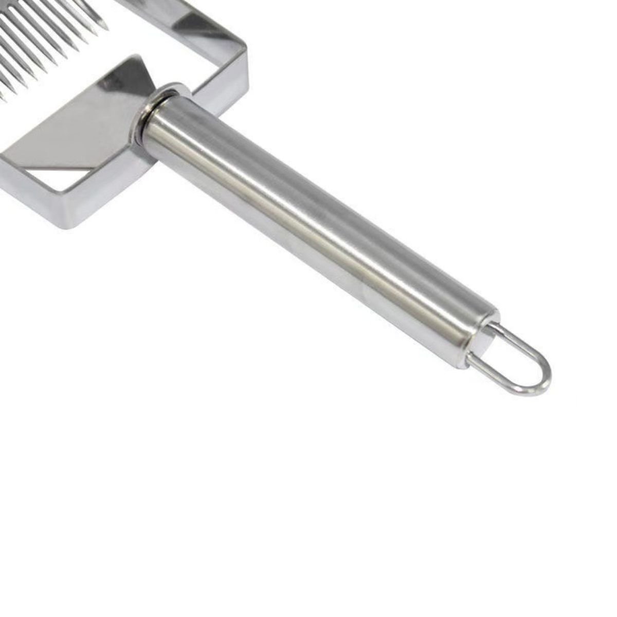 Close-up of 304 stainless tubular handle with hanging loop for the BBE-UF-01 uncapping fork, secure grip for wet gloves