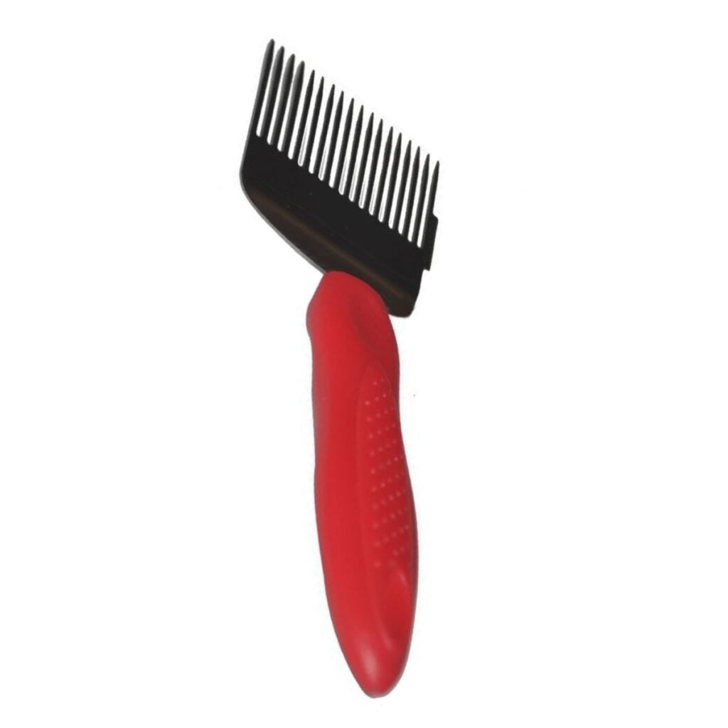 Red-handle 18-tine stainless steel uncapping fork, angled view showing tine profile and corner notch for low cells