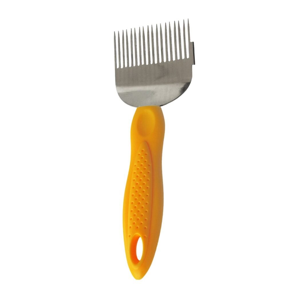 Yellow-handle uncapping fork with 18 stainless tines for recessed cappings, size 19.5×7.2 cm, model BBE-UF-02