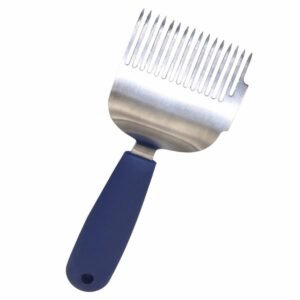BBE-UF-03 stainless steel uncapping fork with 16 precision tines and blue plastic handle, close-up for recessed cappings