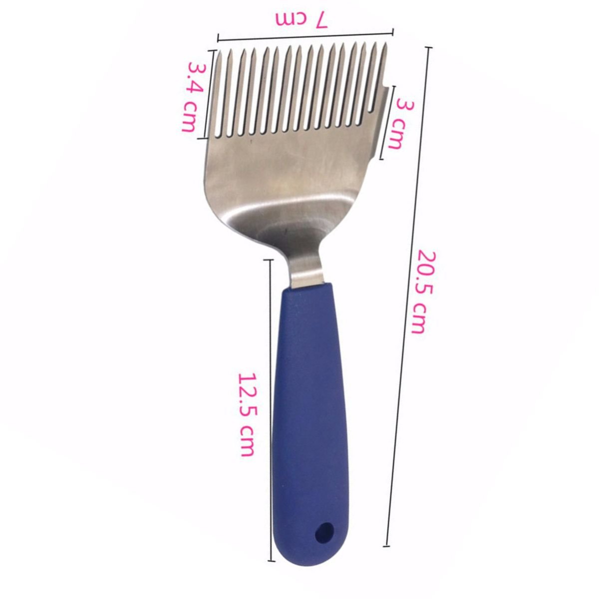 Dimensional photo of BBE-UF-03 uncapping fork: total length 20.5 cm, head width 7 cm, tine length 3.4 cm, handle 12.5 cm