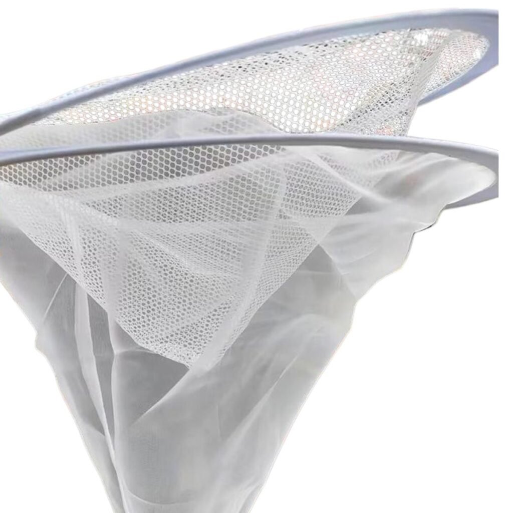 Double-layer nylon honey strainer with rigid rim; close-up showing upper 10-mesh and lower 150-mesh honey filter cones
