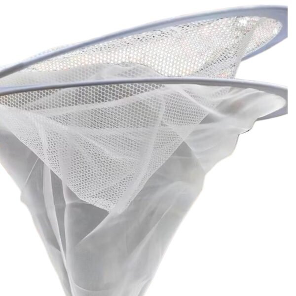 Double-layer nylon honey strainer with rigid rim; close-up showing upper 10-mesh and lower 150-mesh honey filter cones