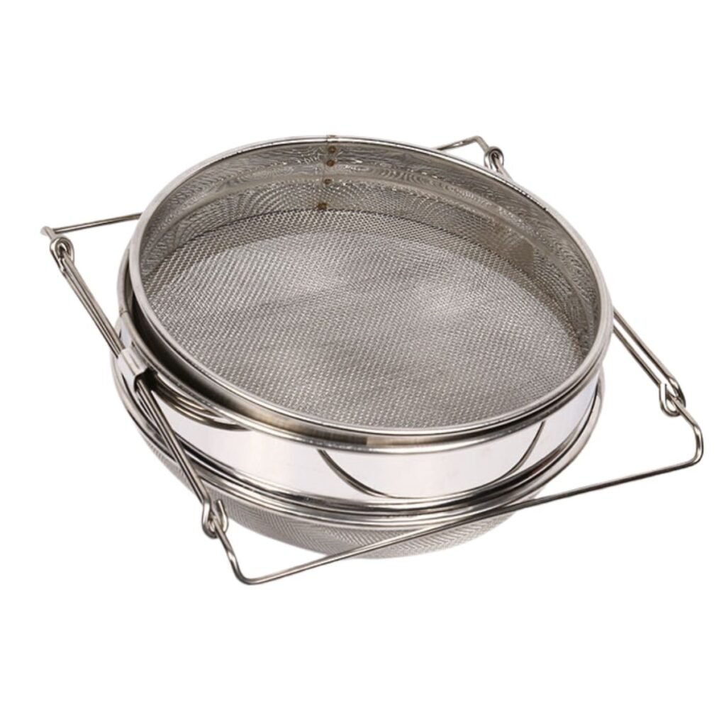 Food-grade stainless steel double sieve honey strainer with adjustable arms; secure 5-gallon bucket fit for raw honey filtration