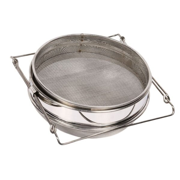 Food-grade stainless steel double sieve honey strainer with adjustable arms; secure 5-gallon bucket fit for raw honey filtration