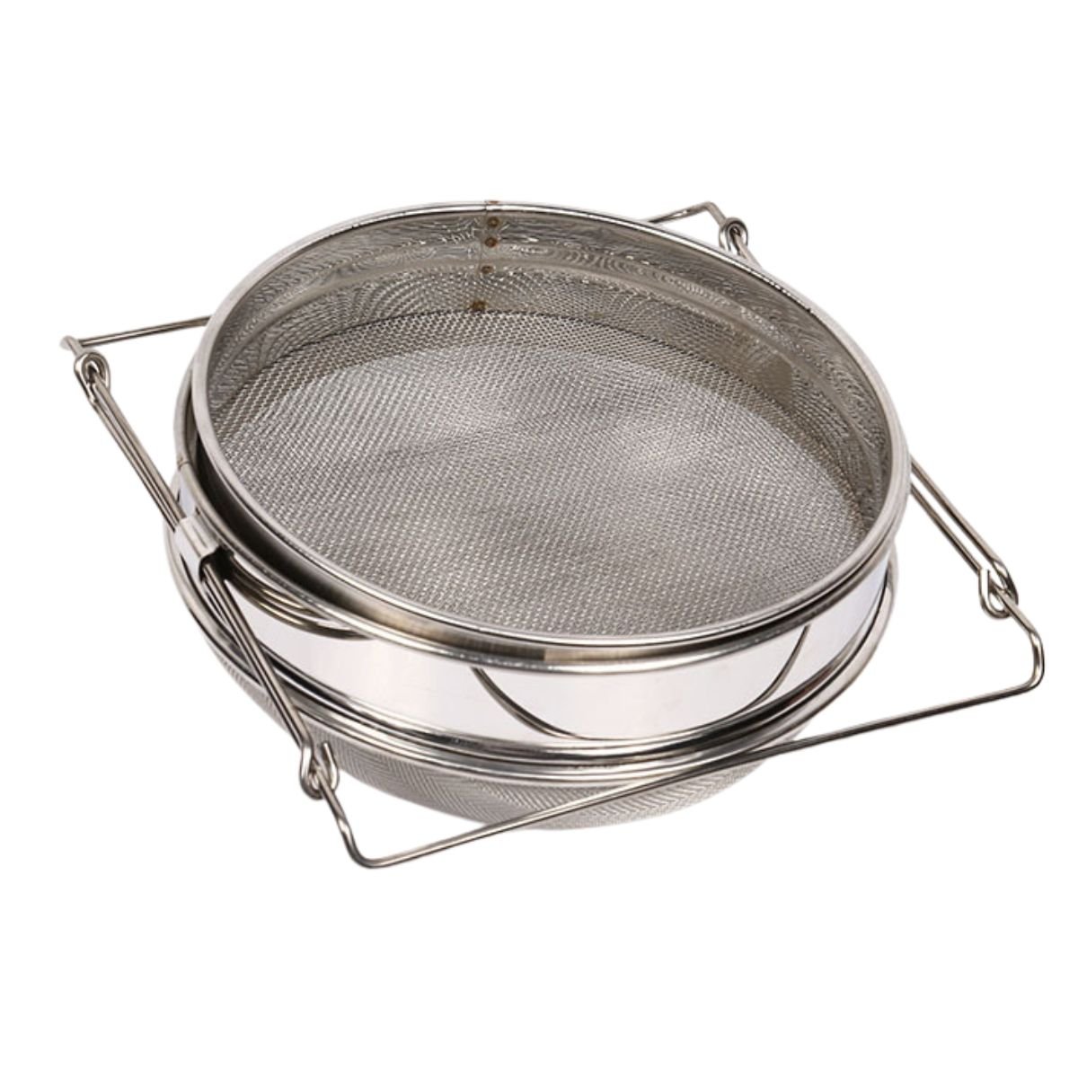 Food-grade stainless steel double sieve honey strainer with adjustable arms; secure 5-gallon bucket fit for raw honey filtration