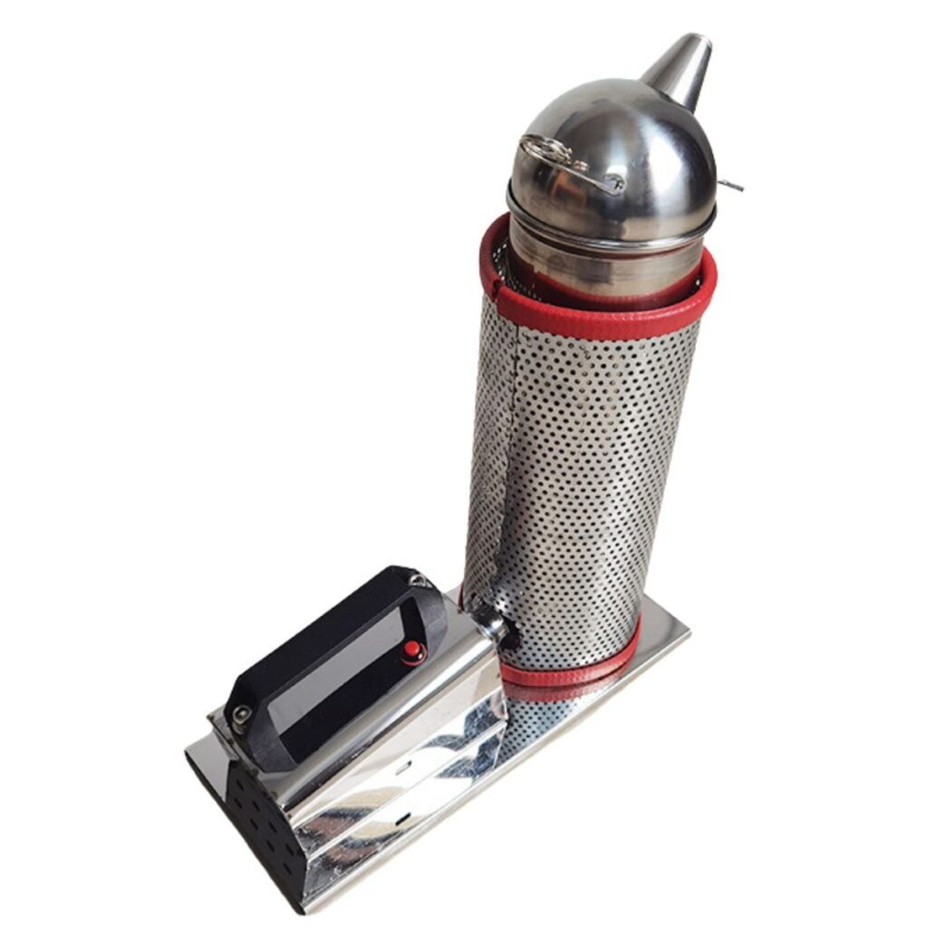 Rechargeable stainless steel electric bee smoker with perforated heat guard on widened base, model BBE-EBS-01