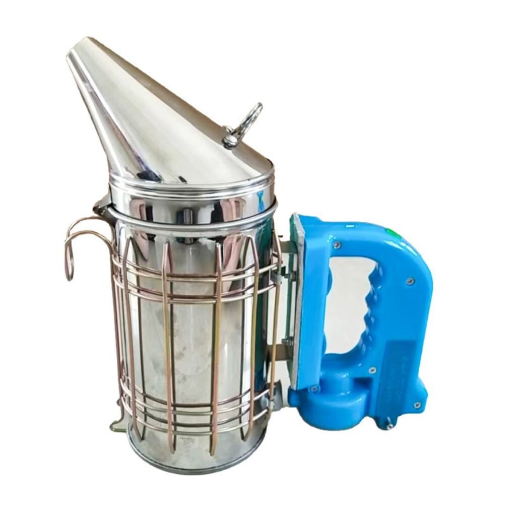 Electric stainless steel bee smoker with wire heat guard and blue plastic handle, AA powered, model BBE-EBS-02