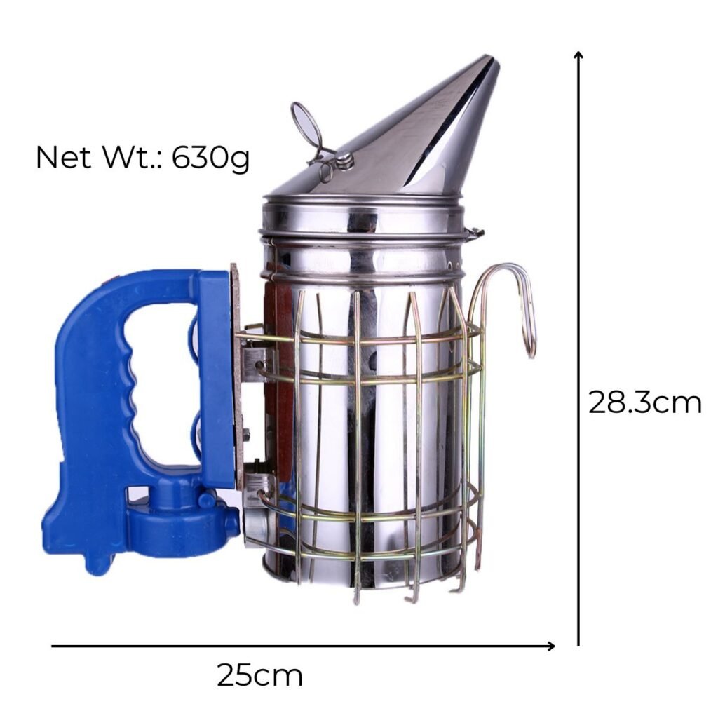 Size and weight of BBE-EBS-02 electric bee smoker: height 28.3 cm, length 25 cm, net weight 630 g, blue handle