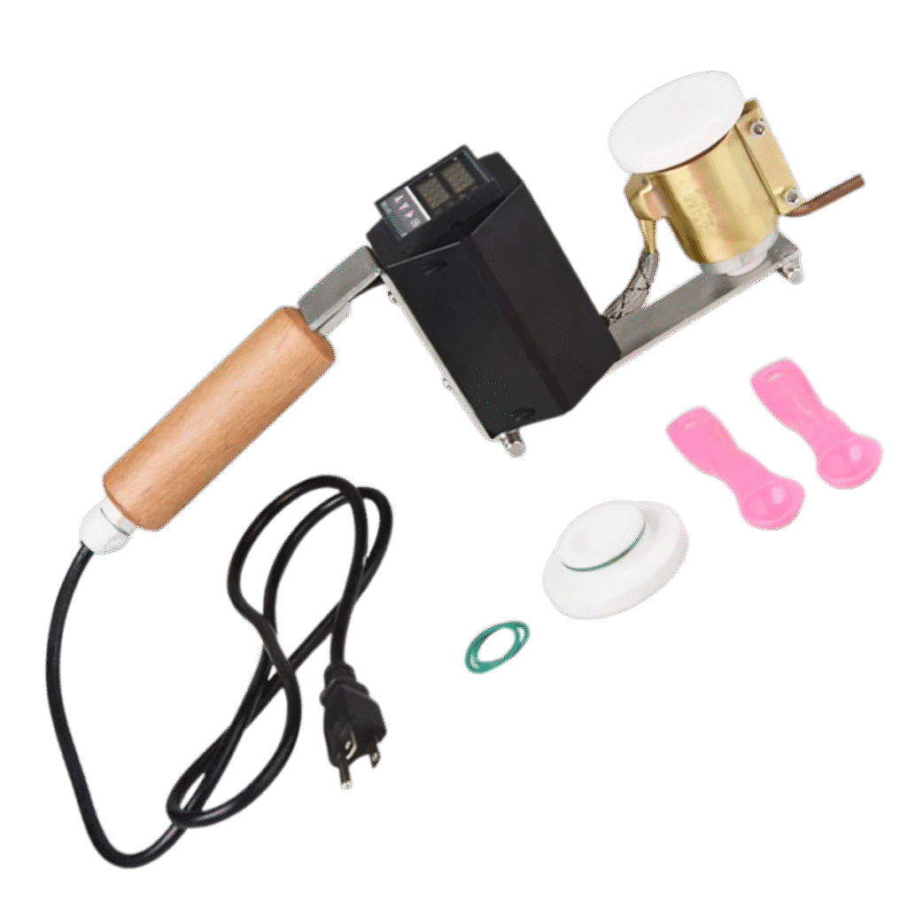 Electric oxalic acid vaporizer with digital controller, brass cup, wooden handle and accessories for Varroa mite treatment