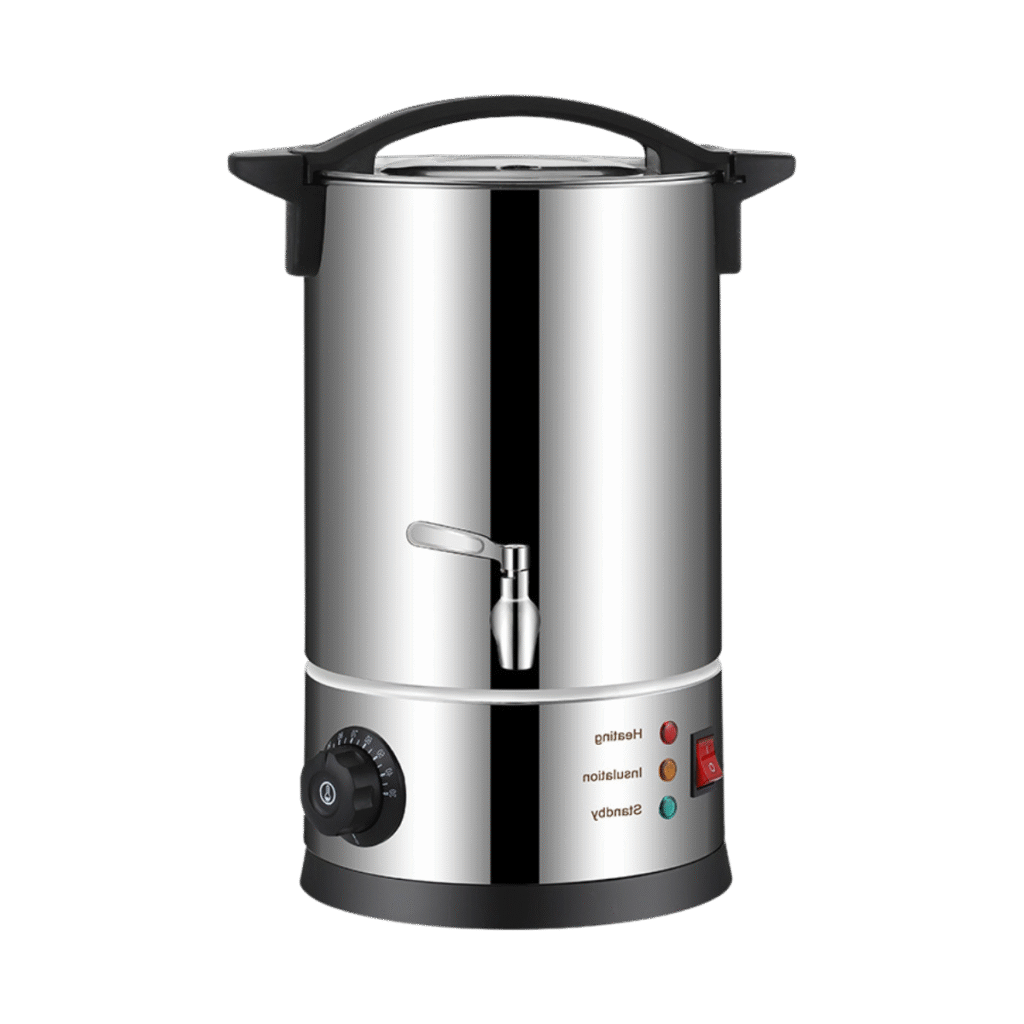 Front view of a 5L electric wax melter for candle making with temperature control dial and easy-pour spout.