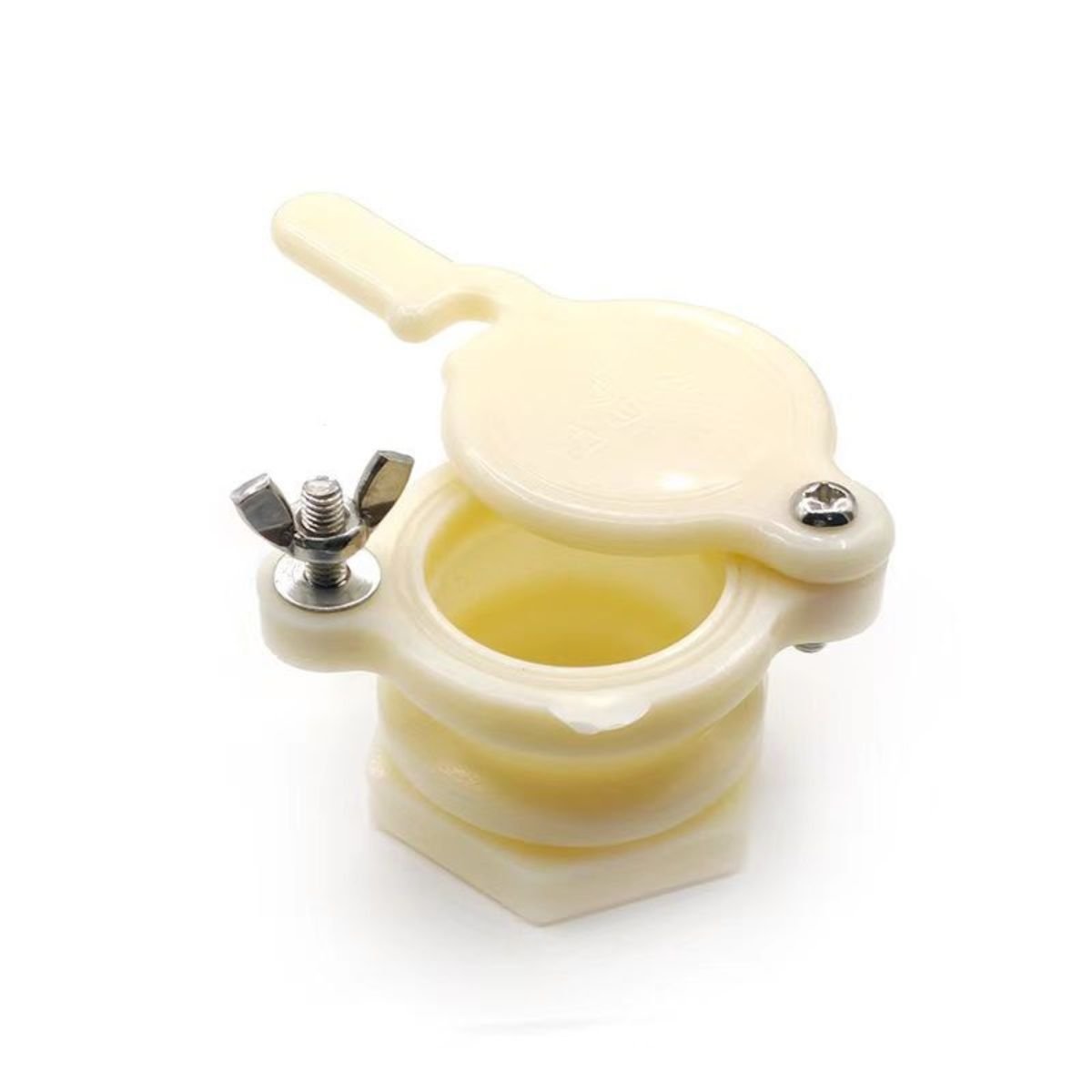 White food-grade Plastic Honey Valve (honey extractor gate) open view with wing-nut clamp, PP construction – BuzzBeeEquip BBE-HGV-1