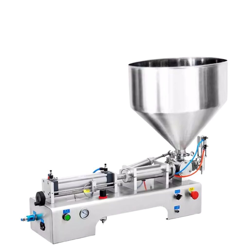 Horizontal pneumatic honey bottling machine, single-head piston filler with 304 stainless tri-clamp hopper; 0.5–0.7 MPa air, CIP-ready