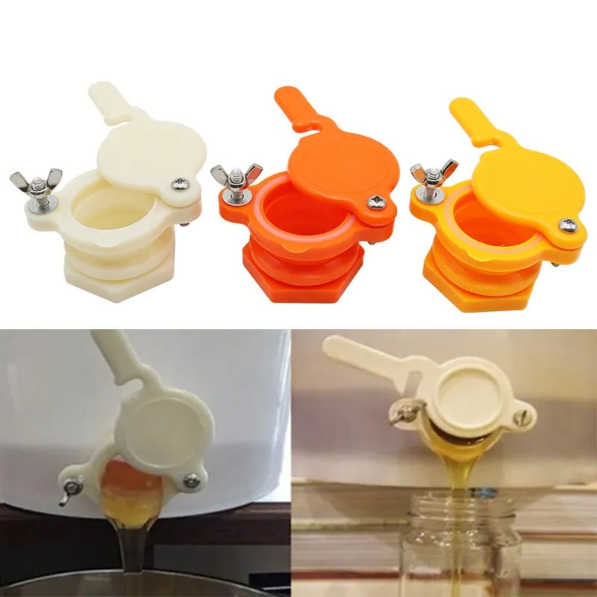 Plastic Honey Extractor Gate in use—clean honey flow from bottling bucket spout into jar; PP honey gate 1.5 inch – BBE-HGV-1